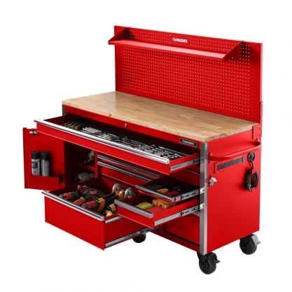 Heavy-Duty 61 In. W 10-Drawer, Deep 1-Door Tool Chest Mobile Workbench In Gloss Red With Flip-Up Pegboard