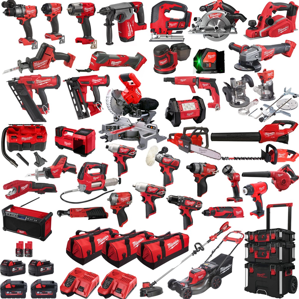 MILWAUKEE MILKIT40A POWER TOOL KIT 4 X 18V X 5AH + HB8 + 2 X 12V X 2AH REDLITHIUM BATTERIES 40PCE