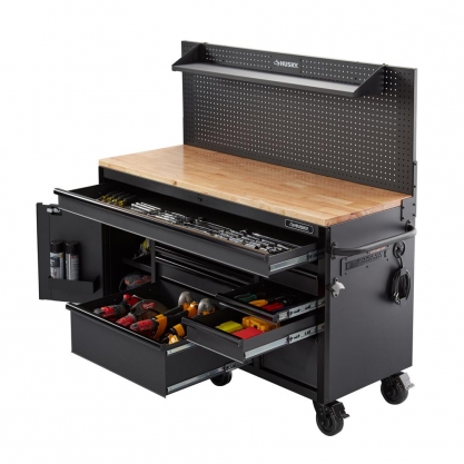 Heavy-Duty 61 In. W 10-Drawer, Deep 1-Door Tool Chest Mobile Workbench In Gloss Red With Flip-Up Pegboard
