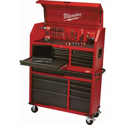 46 In. 16-Drawer Steel Tool Chest And Rolling Cabinet Set, Textured Red And Black Matte