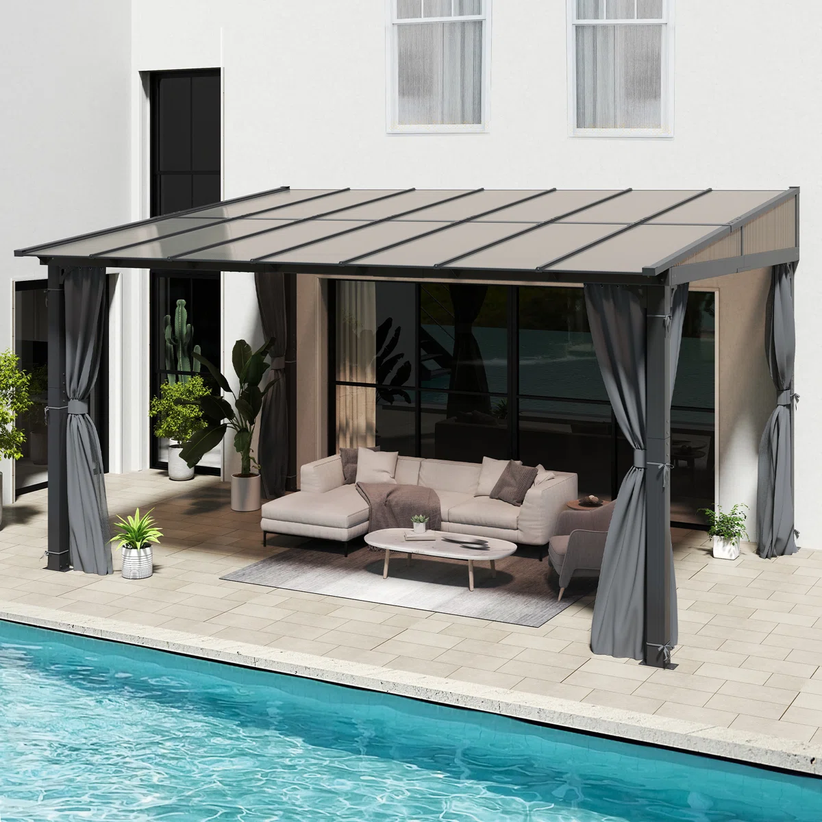 Outdoor Polycarbonate Hardtop Gazebo - Wall-Mounted Aluminum Frame Gazebo with Slope Roof