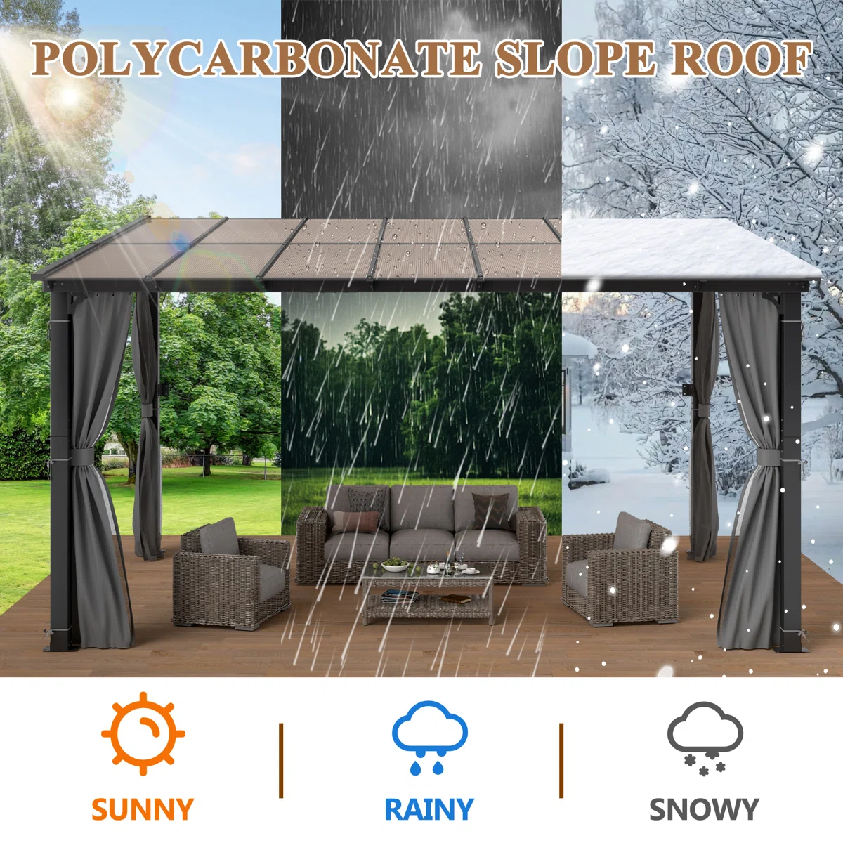 Outdoor Polycarbonate Hardtop Gazebo - Wall-Mounted Aluminum Frame Gazebo with Slope Roof