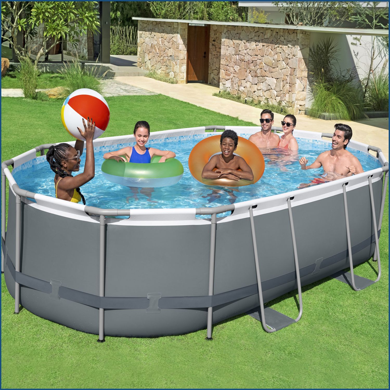 Power Steel™ Frame Pool Complete set with filter pump 488 x 305 x 107 cm, grey, oval