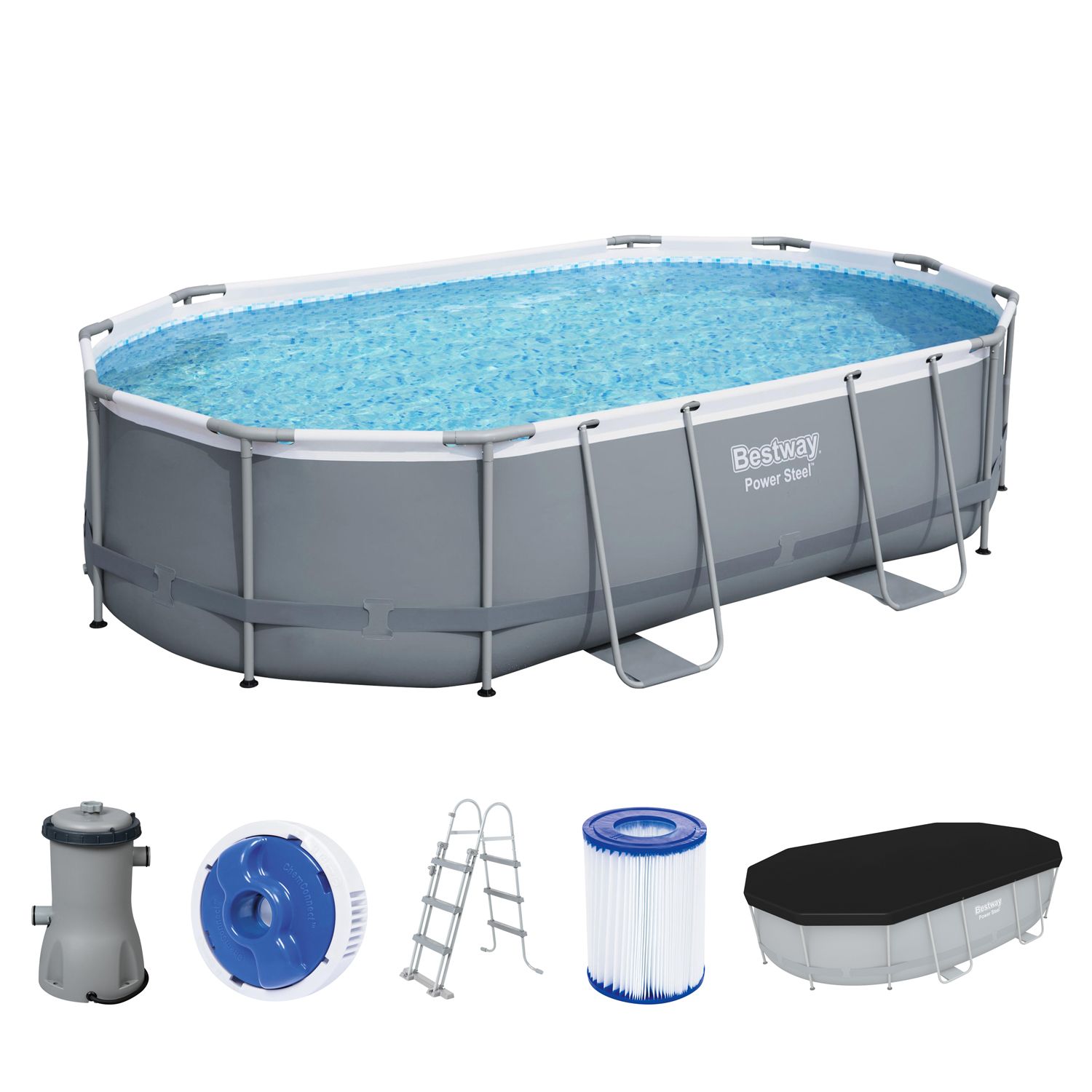 Power Steel™ Frame Pool Complete set with filter pump 488 x 305 x 107 cm, grey, oval