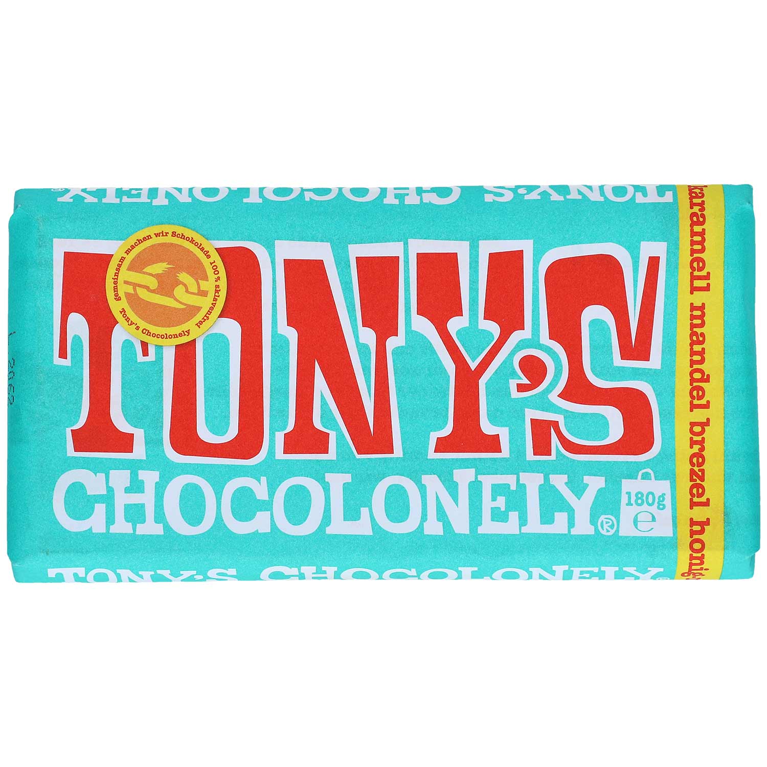 Tony's Chocolonely Vollmilchschokolade Karamell Mandel Brezel Honig-Mandel-Nougat Meersalz 180g