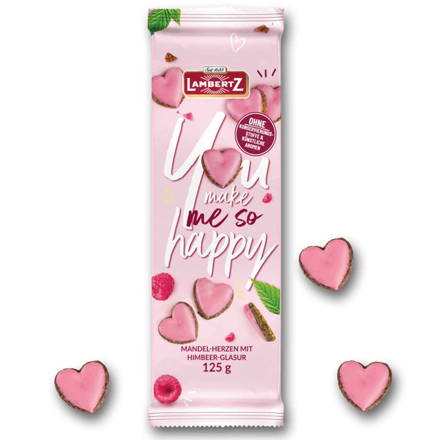 Lambertz 'You make me so happy' Mandel-Herzen mit Himbeer-Glasur 125g