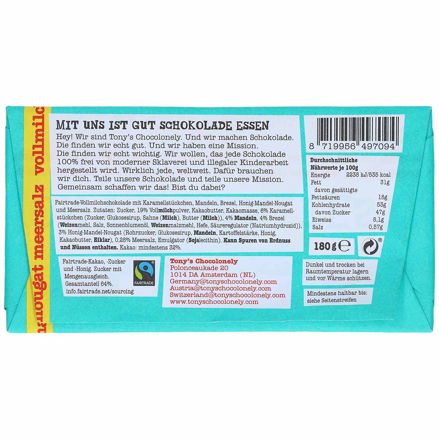 Tony's Chocolonely Vollmilchschokolade Karamell Mandel Brezel Honig-Mandel-Nougat Meersalz 180g