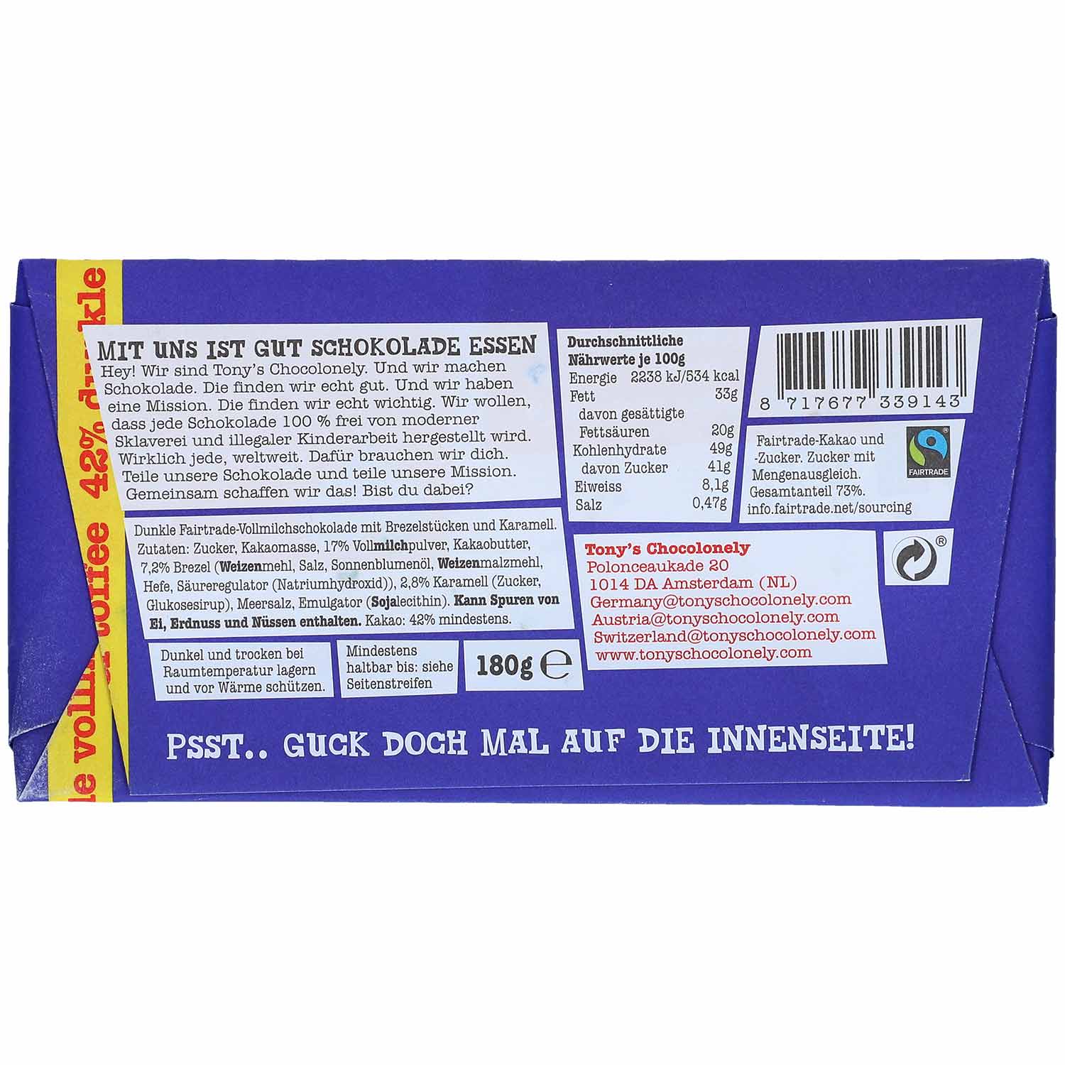 Tony's Chocolonely Dunkle Vollmilchschokolade 42% Brezel Toffee 180g
