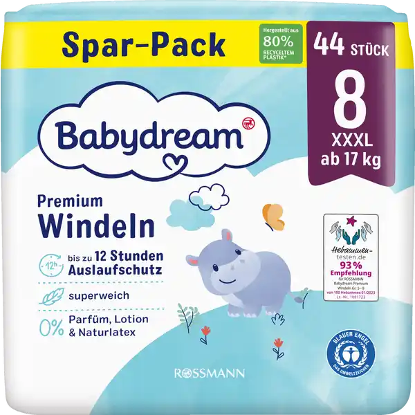 Premium Windeln Größe 8 XXXL, 44 Stück, ab 17 kg