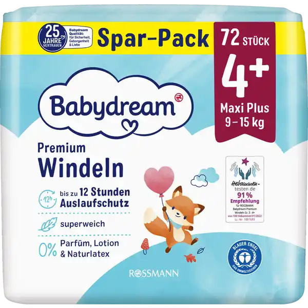 Premium Windeln Größe 4 +Maxi Jumbo, 72 Stück, 9-15kg
