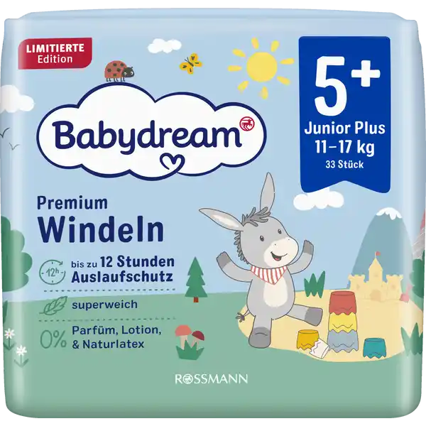 Premium Windel Größe 5+ Junior+, 33 Stück, 11-17 kg
