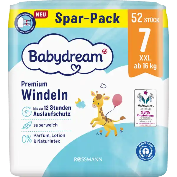 Premium Windeln Größe 7 XXL Jumbo, 52 Stück, ab 16 kg