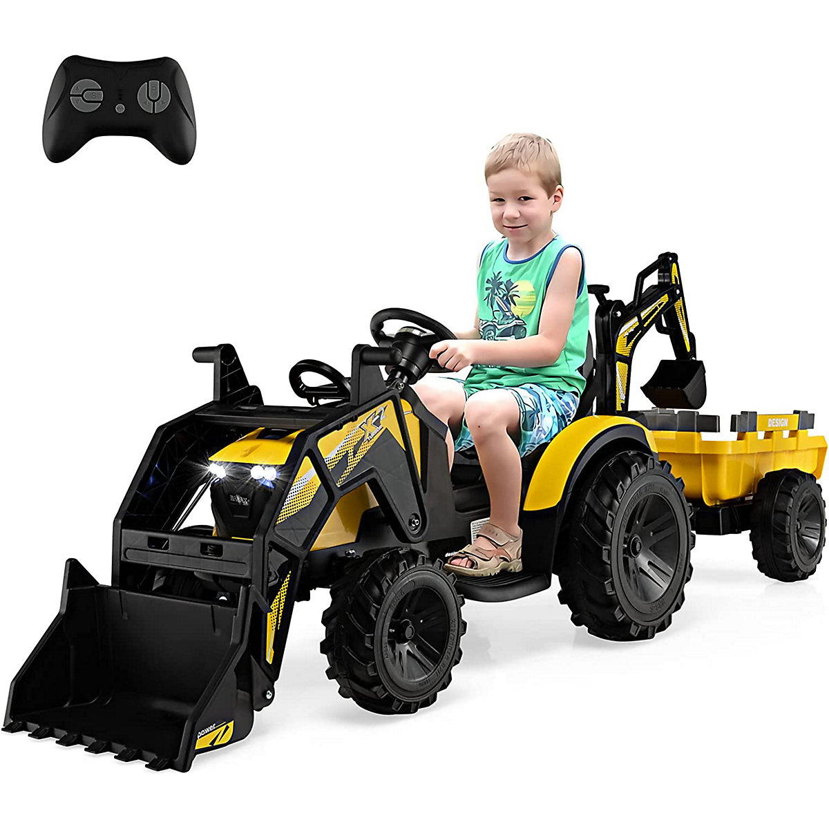 COSTWAY® 12V Traktor mit Anhänger Elektroauto mit Fernbedienung & Musik gelb