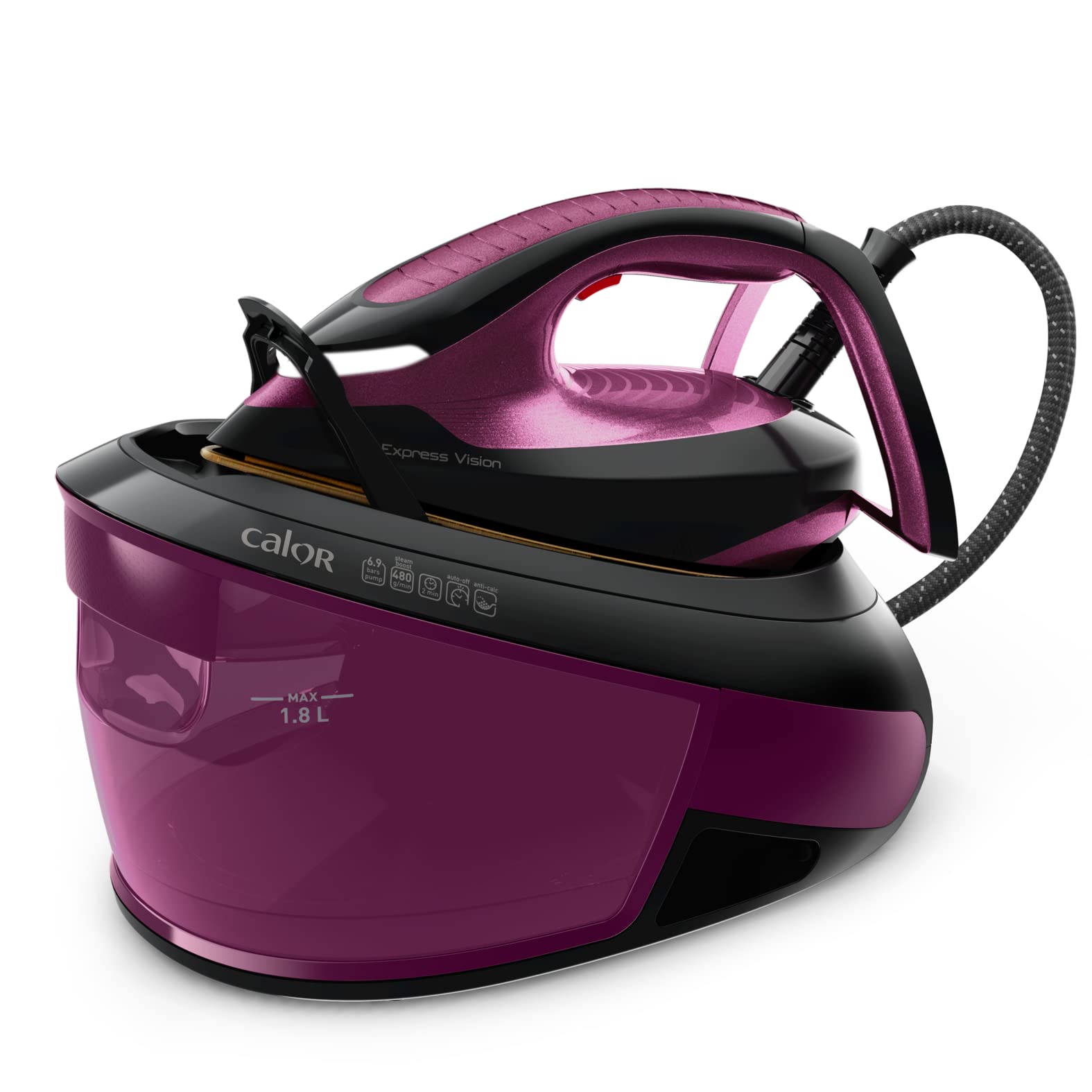 Calor Steam generator, 6.9 bars, Steam flow 130 g/min, Steaming function 480 g/min, 1.8 L tank, Led Vision, Limescale collector, Made in France, Purple/Black SV8152C0