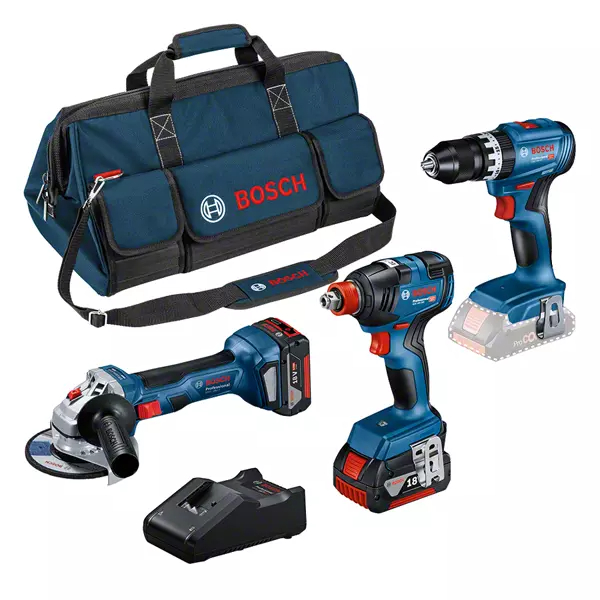 BOSCH COMBI-KIT 3 OUTILS 18V : GSB 18V-45 + GDX 18V-200 + GWS 18V-7 + 2 batteries 5,0 AH + GAL 18V-40 + SAC M (C) PRO