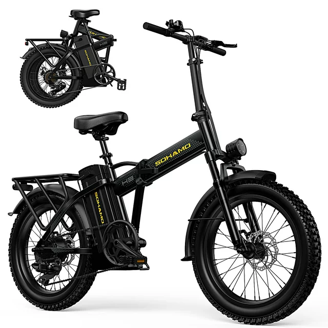 SOHAMO H3 Electric Bike for Adults 20 Fat Tire Folding Ebike, 750W Motor, 48V 15Ah Removable Battery, Front Suspension, Shimano 7 Speed Mountain Bike