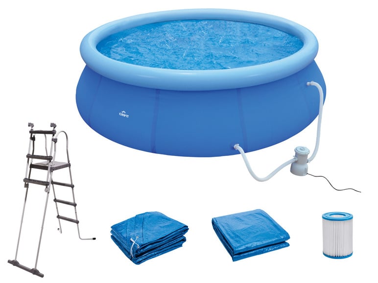 CRIVIT Quick-up Pool-Set, Ø 450 x H 122 cm, Komplett-Set mit Filterpumpe, Leiter, Planen