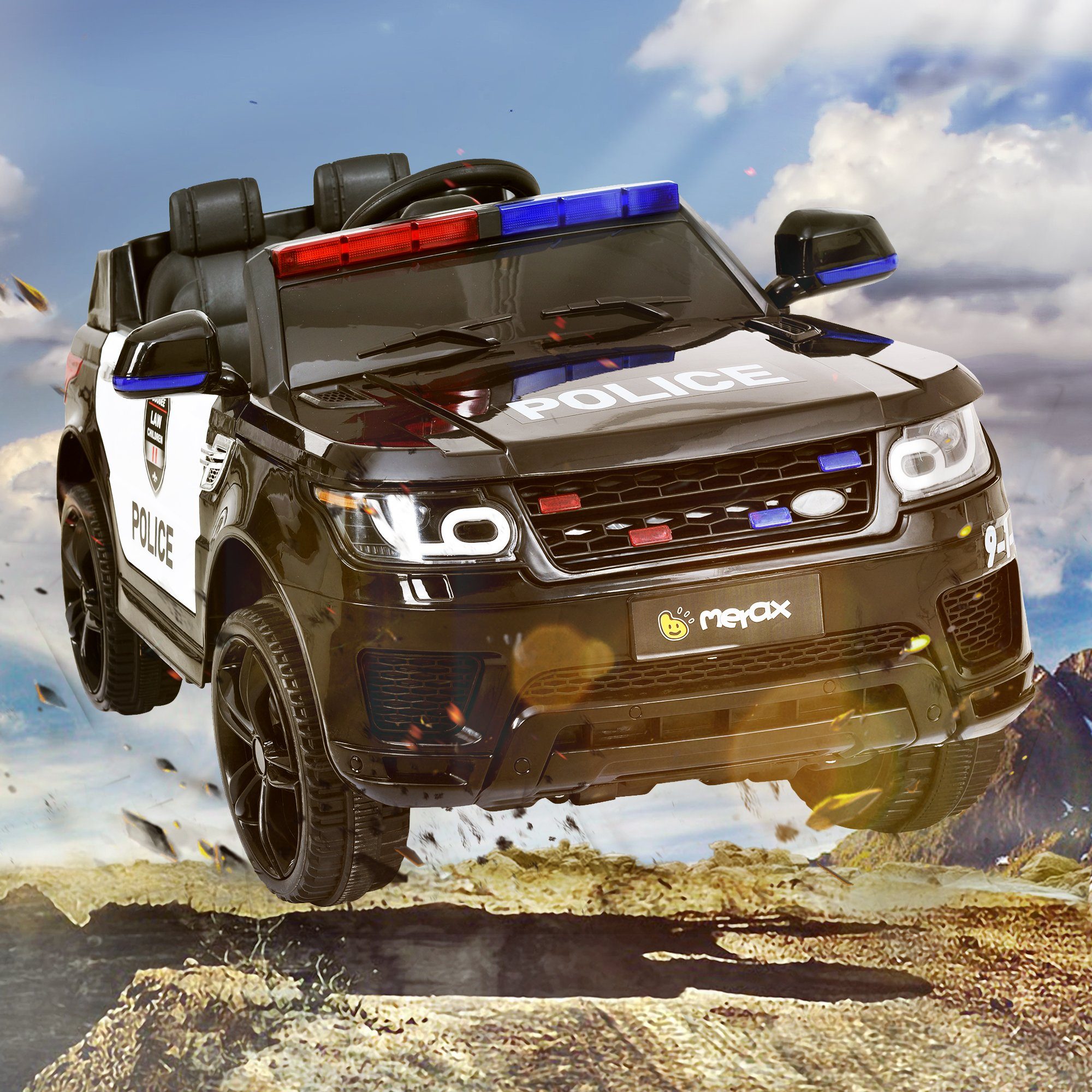 Merax electric children's car with USB, AUX and Bluetooth including remote control, load capacity 30 kg, electric police car, children's car