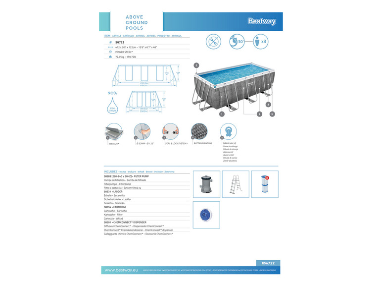 Bestway Power Steel™ Frame Pool Komplett-Set mit Filterpumpe, ca. L 412 x B 201 x L 122 cm