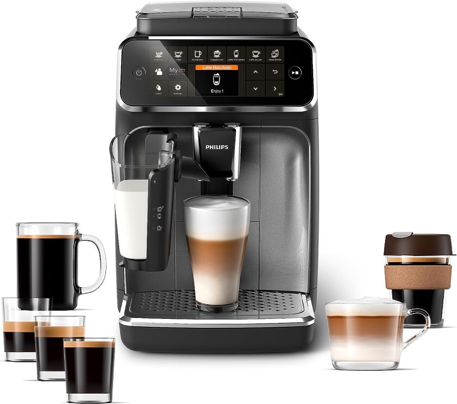 Philips 4300 Series fully automatic espresso machine - LatteGo milk frother, 8 coffee varieties, intuitive touch display, black, (EP4347/94)