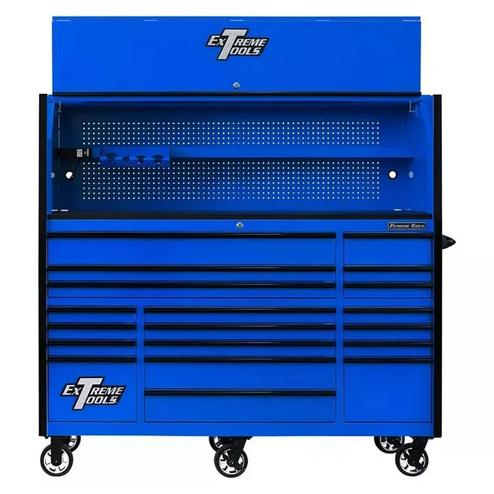 EXTREME TOOLS 72 RX Series 19 Drawer 30 Deep Roller Cabinet with Bins - Blue with Black Drawer Pulls