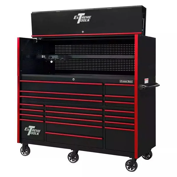 EXTREME TOOLS 72 RX Series 19 Drawer 30 Deep Roller Cabinet with Bins - Black with Red Drawer Pulls