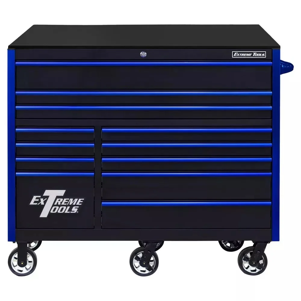 EXTREME TOOLS RX Series 55 12 Drawer Rollers - Black with Blue Drawer Pulls
