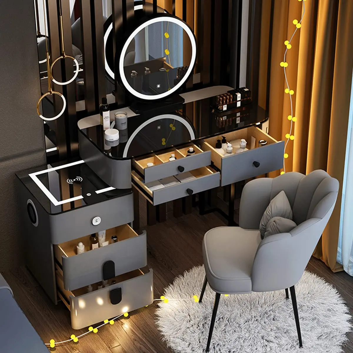 Makeup Vanity Desk Set, With 3 Color LED Lights Mirror, With Cushioned Stool, for Family Bedroom, for Her (120CM/47.2IN)