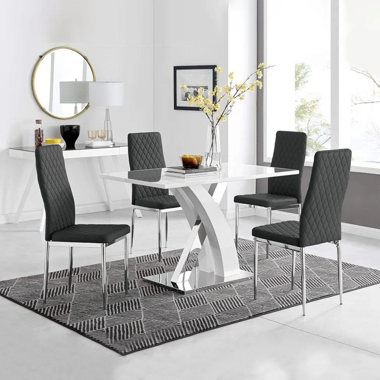 White High Gloss Dining Table Set with 4 Luxury Faux Leather Dining Chairs