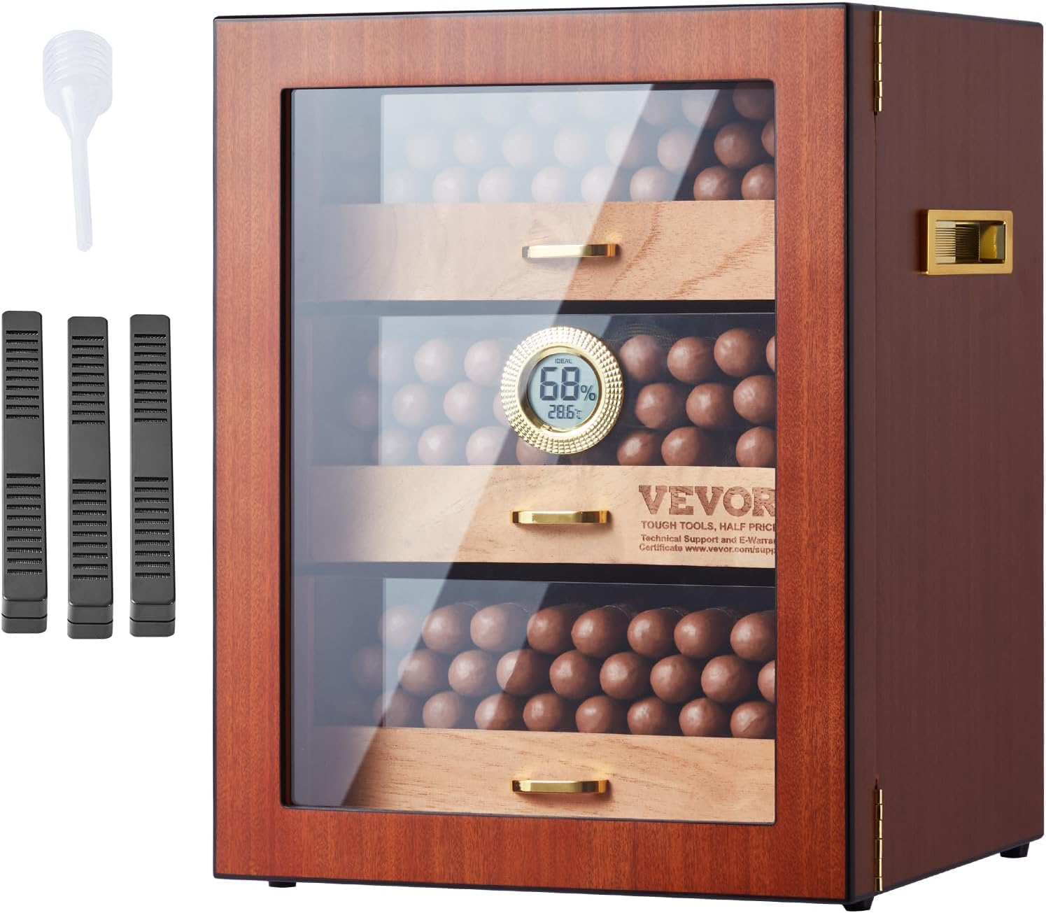 VEVOR Cigar Humidor Cabinet, Handmade Spanish Cedar Wood Cigar Humidor for 100-150 Cigars, Glass Cigar Desktop Storage Case with Digital Humidifier, Hygrometer, Shelves, and Handle, Great Gift for Men