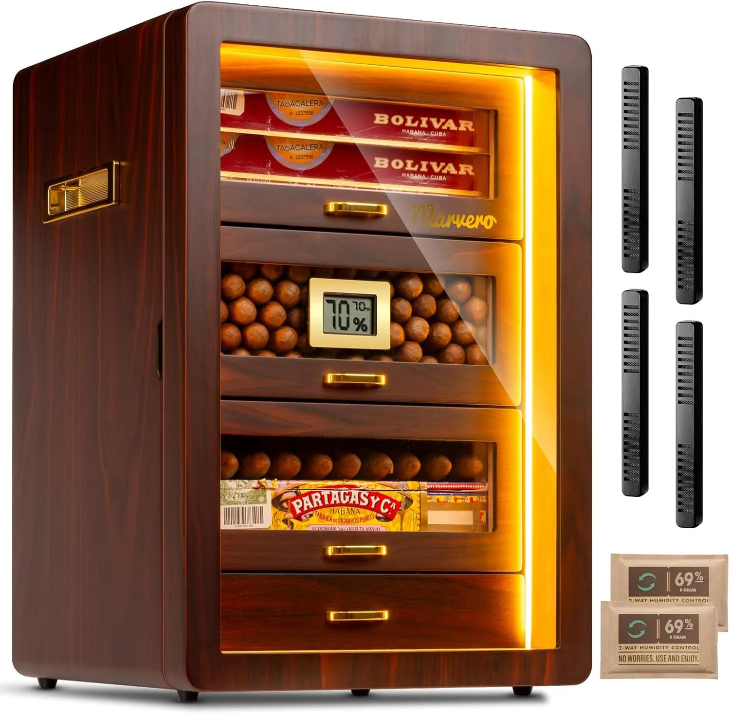 Desktop Cigar Humidor Cabinet with Triple-Sided Light, Digital Hygrometer, Humidifier and Humidity Packs. 4 Cedar Wood Drawers, Holds 200 Cigars