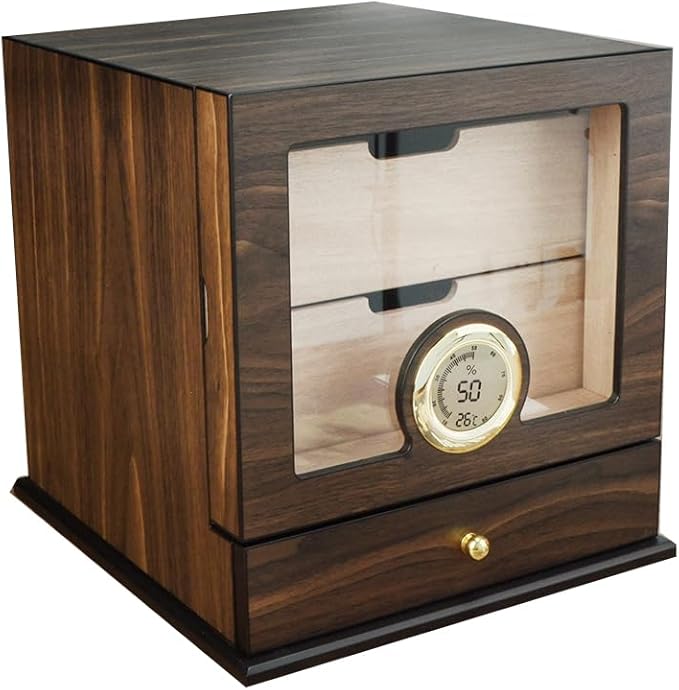 CIGAROL Small Cigar Humidor Cabinet with 2 Tiers & External Accessory Drawer - Spanish Cedar Wood for Sophisticated Storage