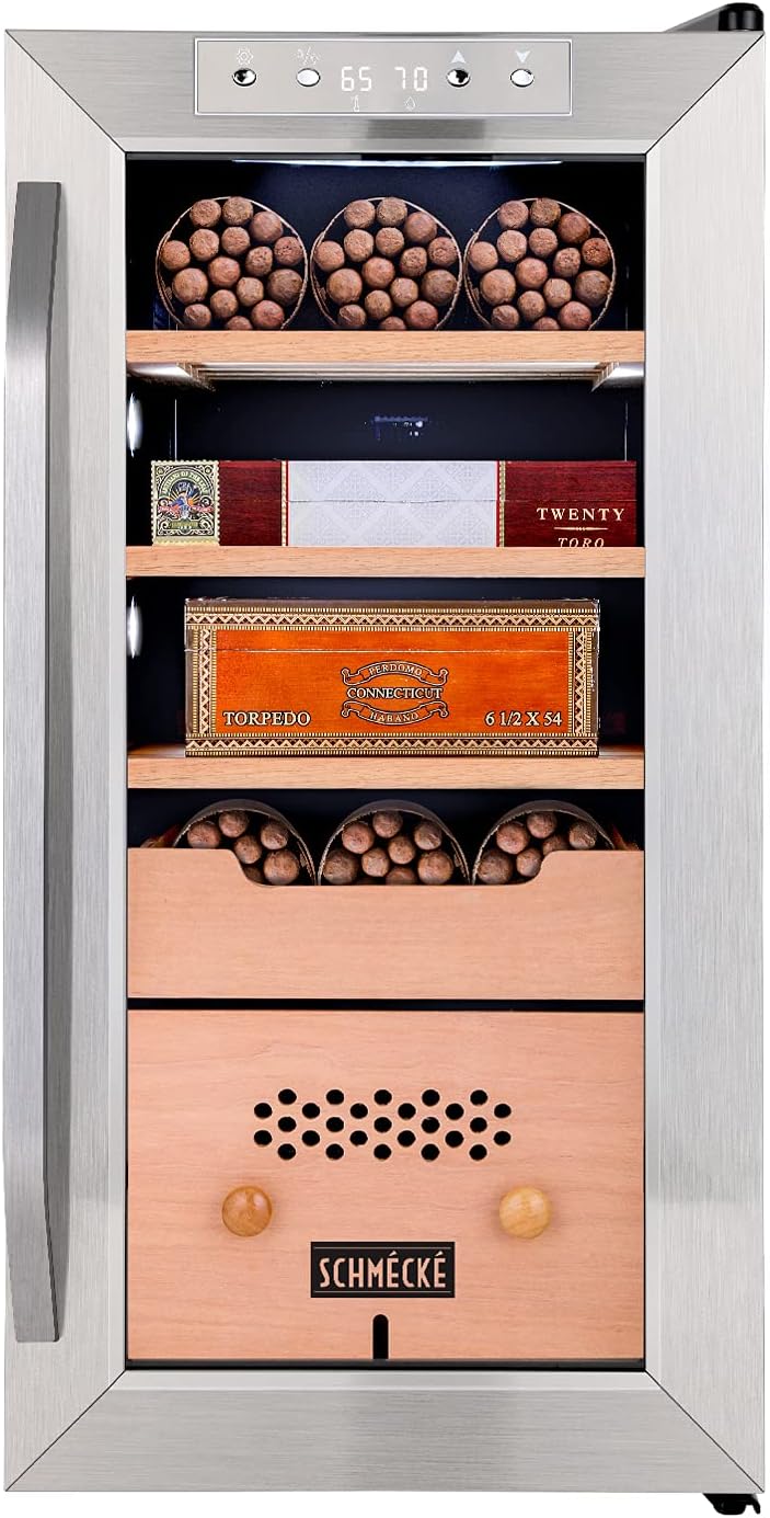 SCHMÉCKÉ 250 Cigar Cooler Humidor with 3 in 1 Precise Cooling, Heating & Humidity Control, Stainless Steel Trim Finish Cabinet, Spanish Cedar Wood Shelves and Drawer with Built in Digital Hygrometer