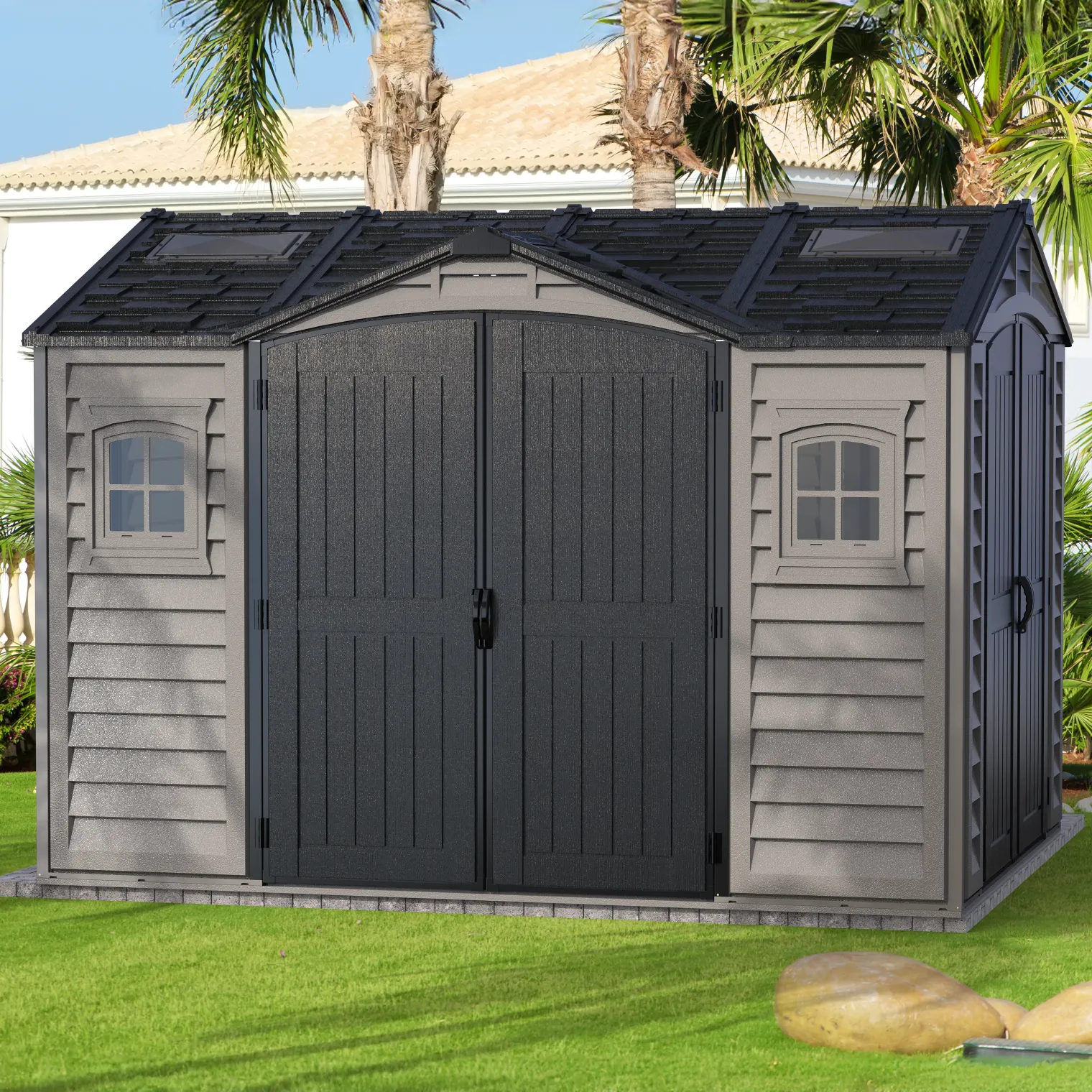 Duramax Apex Pro 10.5'X8' Vinyl Shed with Foundation, 2 Windows and Side Door
