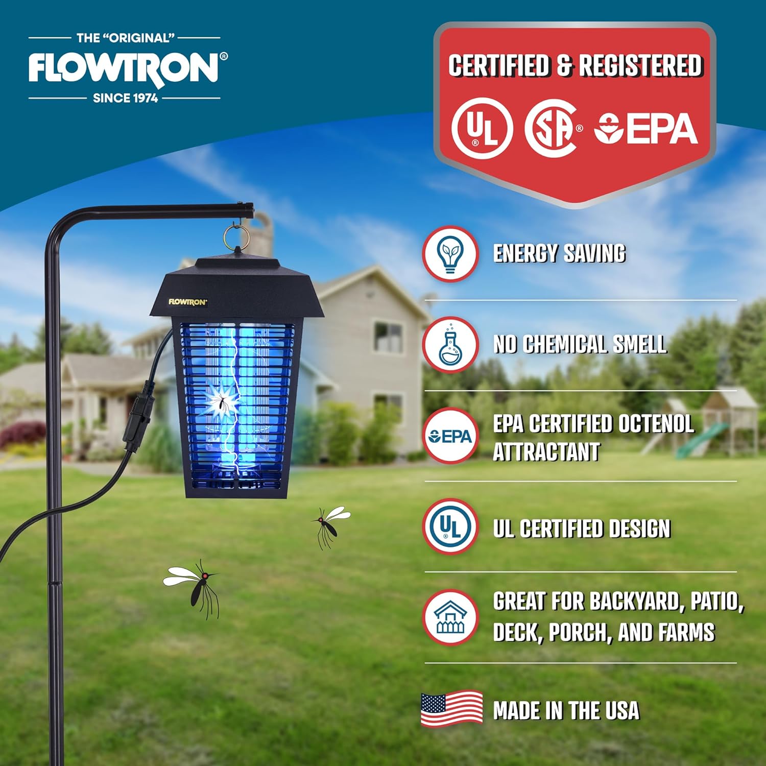 Flowtron Bug Zapper, 1 Acre of Outdoor Coverage with Powerful 40W Bulb & 5600V Instant Killing Grid, Electric Insect, Fly & Mosquito Zapper, Made in The USA