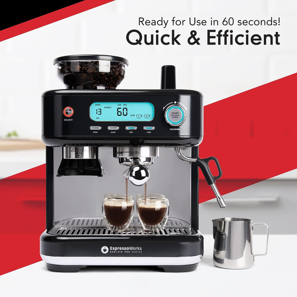 EspressoWorks Barista Pro Series Espresso Machine with Grinder, LCD Display and Steamer - Ready To Go In 60 Sec - 15-Bar Latte and Cappuccino Machine 30-Piece Bundle - Coffee Gifts