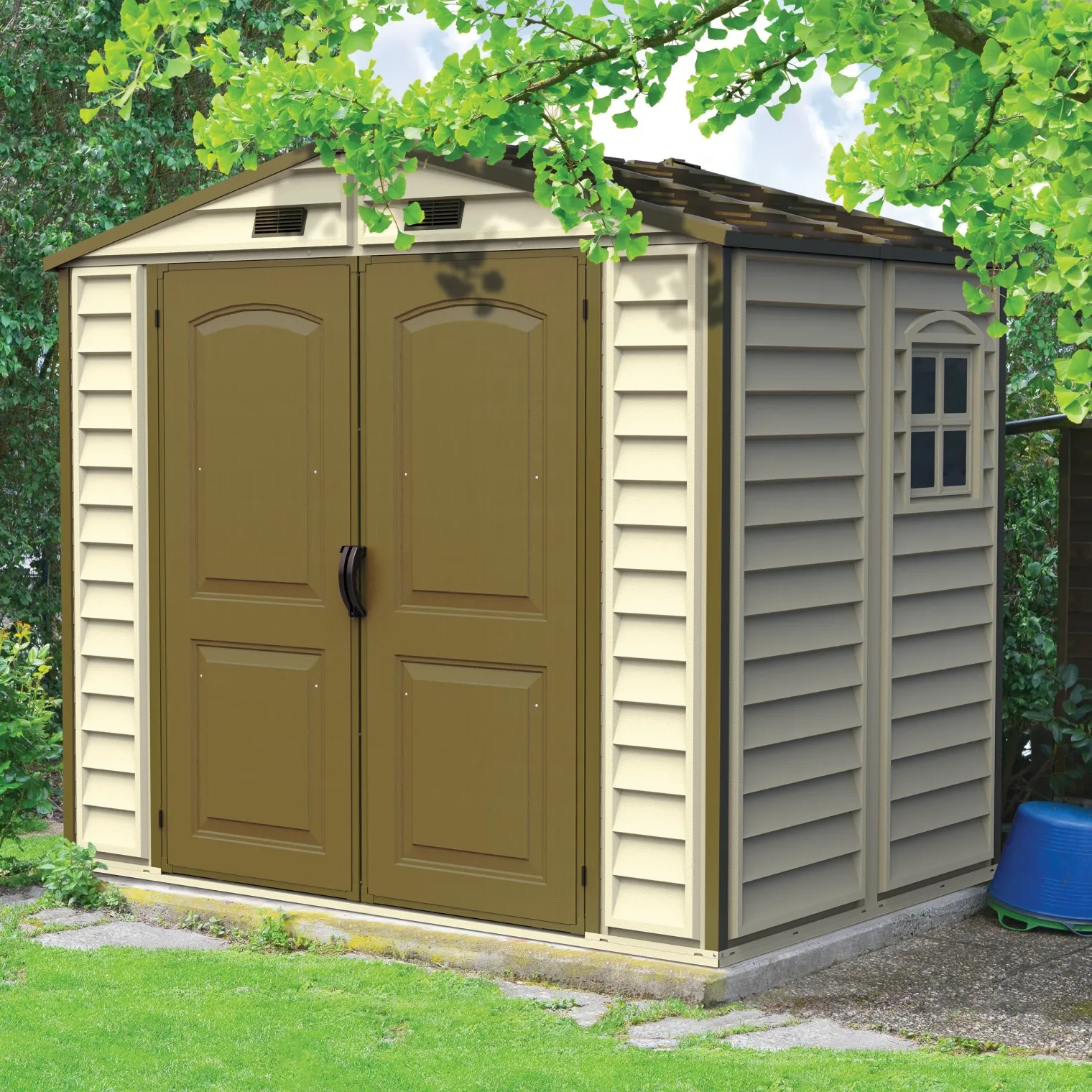 DuraMax 8ft x 5.5ft Storeall Vinyl Shed with Foundation Kit and window
