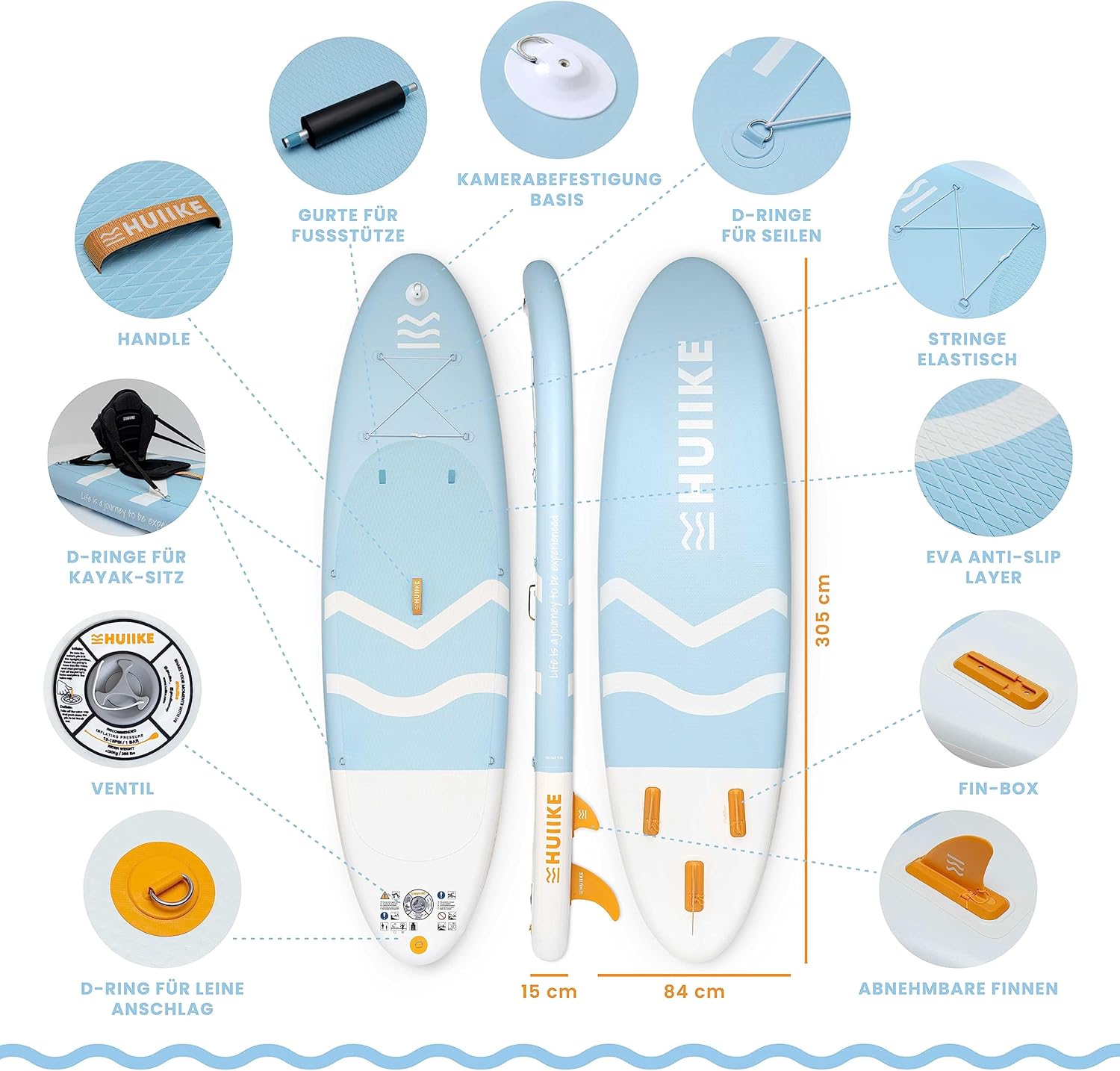 HUIIKE Stand Up Paddling Board mit Zubehör, Paddel, Finnen, Pumpe. Paddle Sup Board Aufblasbar Hohe Stabilität und Widerstandsfähigkeit. 305 × 84 × 15 cm, Belastbar bis 130 kg
