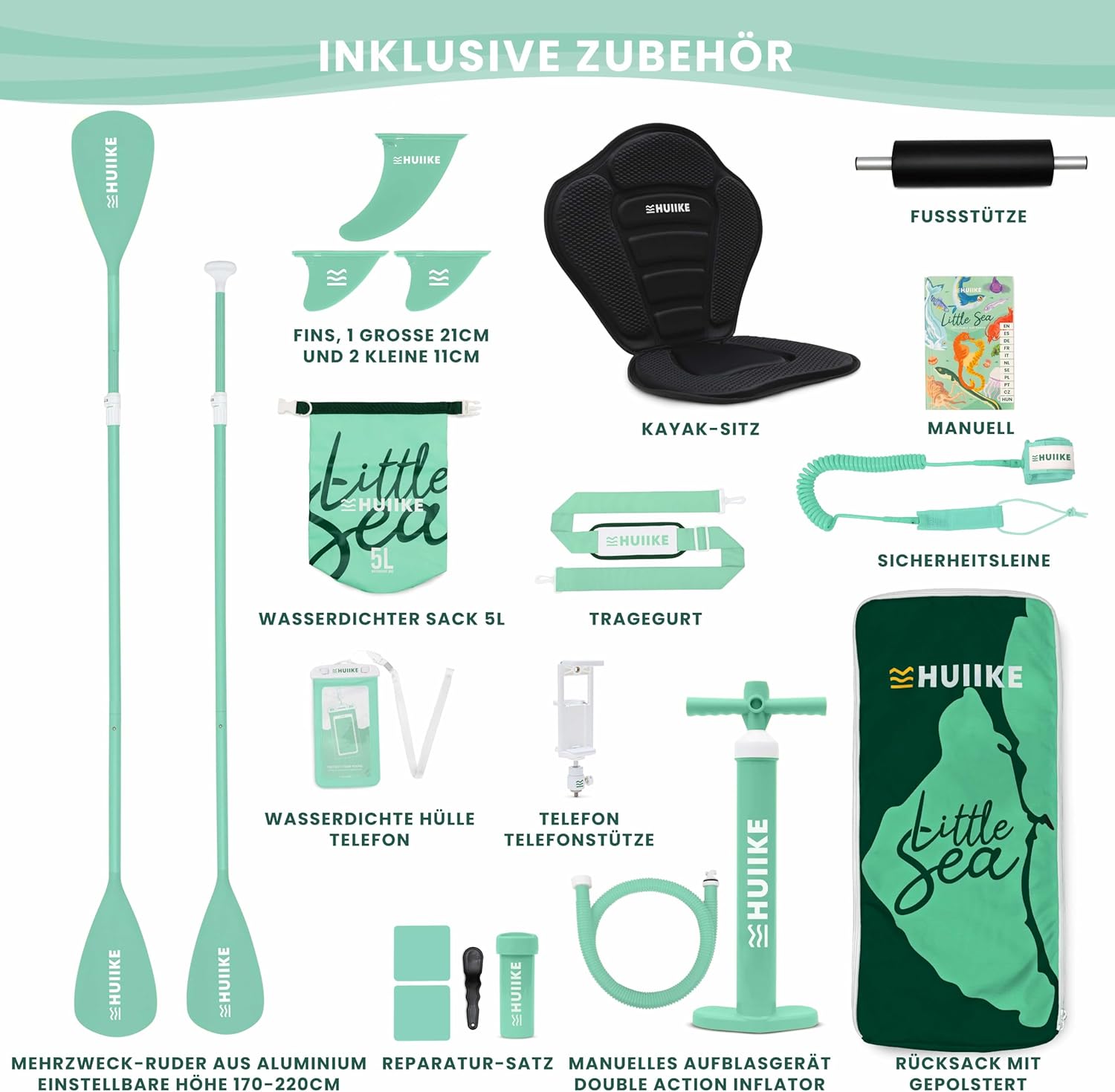 HUIIKE Stand Up Paddling Board mit Zubehör, Paddel, Finnen, Pumpe. Paddle Sup Board Aufblasbar Hohe Stabilität und Widerstandsfähigkeit. 305 × 84 × 15 cm, Belastbar bis 130 kg