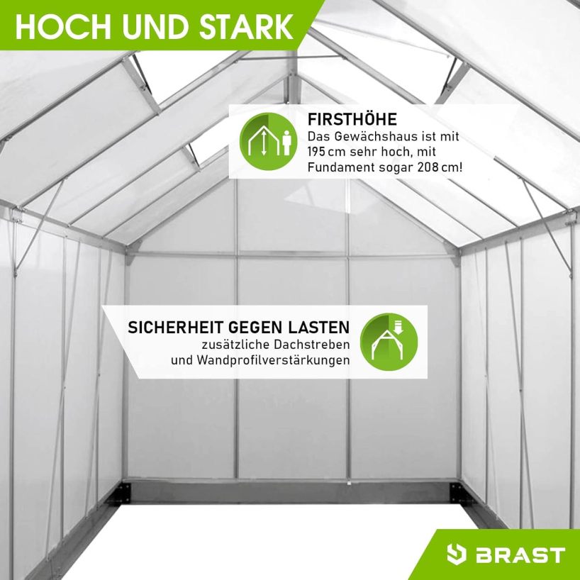 BRAST Greenhouse Aluminium with Base 310 x 190 x 195 cm TÜV Tested, 6 mm Hollow Chamber Panels, Rustproof, Weatherproof, Temperature-Resistant