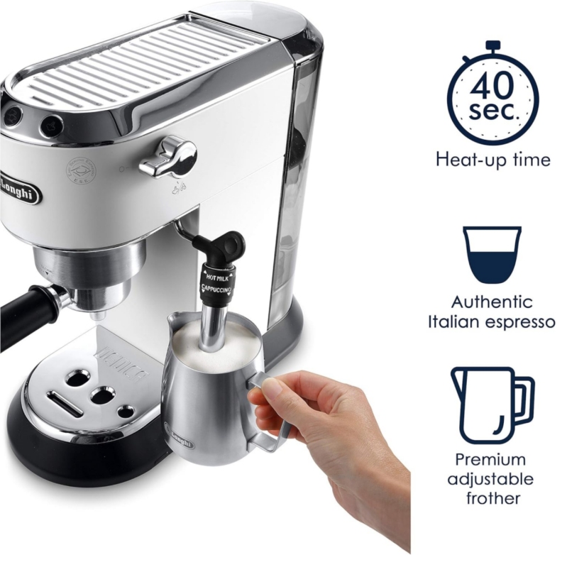 De'Longhi EC685W Dedica DeLuxe Pump Espresso Machine with Premium Adjustable Frothing Wand, in matte white