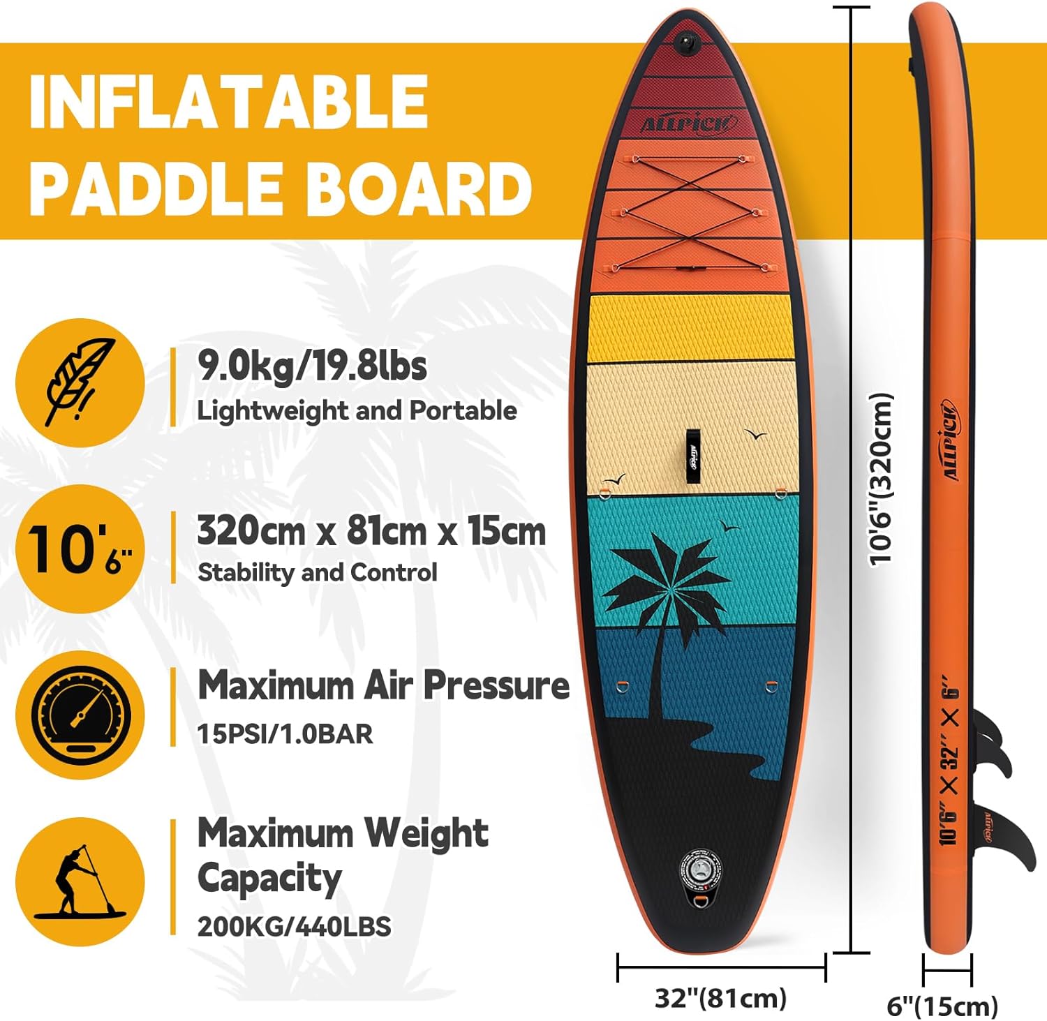 ALLPICK Premium SUP Board Set, Stand Up Paddling Board Aufblasbar, Mit Universal Kamerahalterung, Komplettes Zubehör, Verstellbares Paddel, Anfänger, Fortgeschrittene, 180kg
