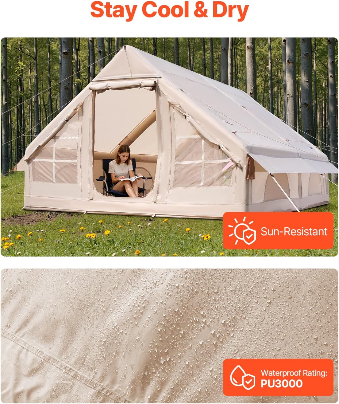 VEVOR Inflatable Tents for Camping 4x3x2m, 5-8 Person 300D Oxford Glamping Tent with Stove Connection