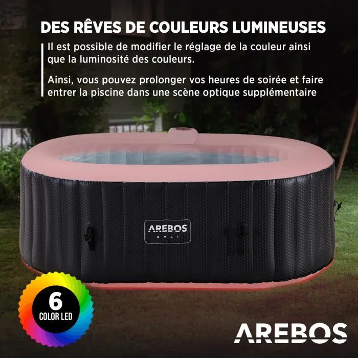 AREBOS Spa Gonflable avec éclairage LED | Gonflable | Intérieur & Extérieur | 190x120 cm Ovale | 2 Personnes