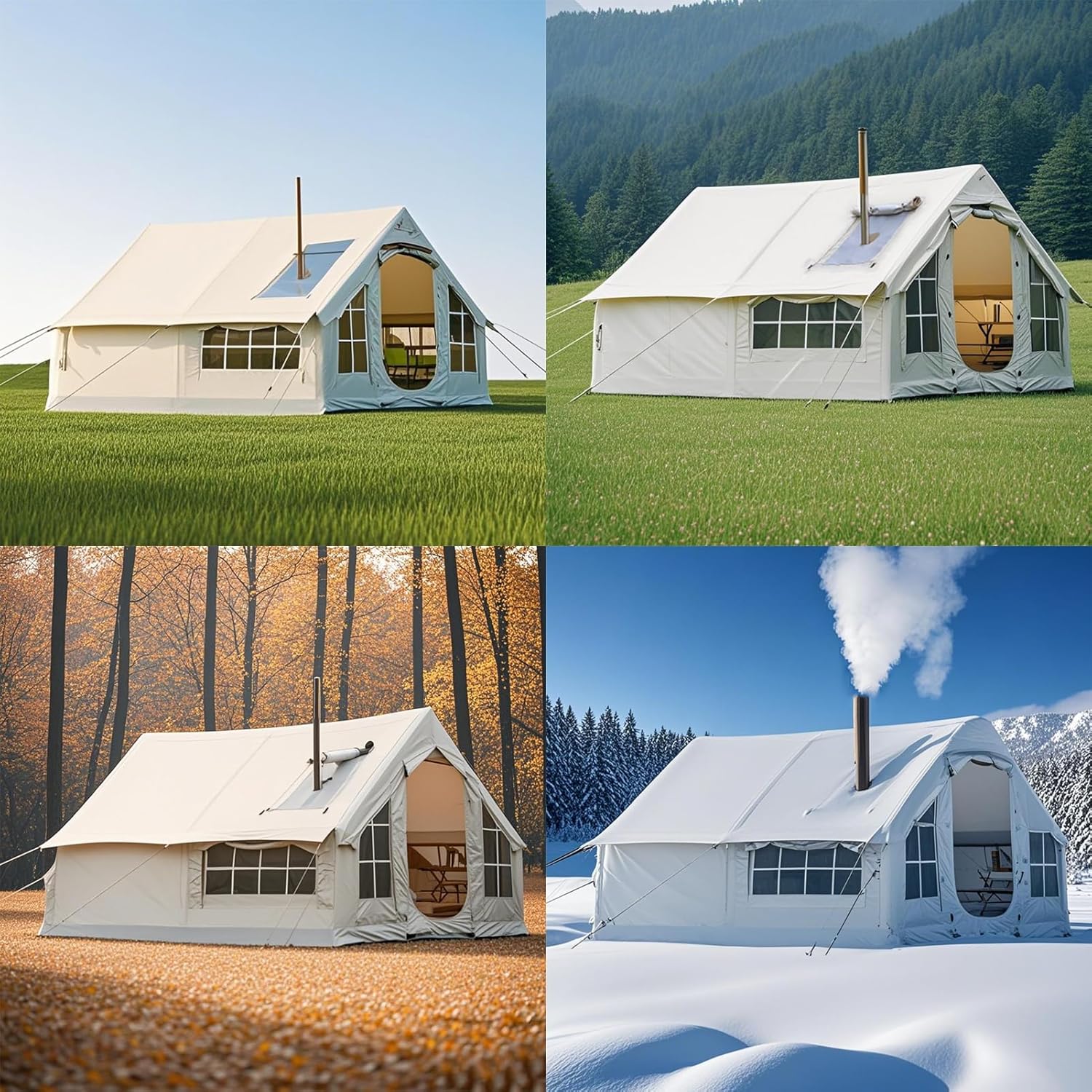 Inflatable Camping Tent with Chimney Opening, Outdoor Tent Inflatable 6-8 People with Air Pump & Skylight, Large Family Tent, 4 Seasons