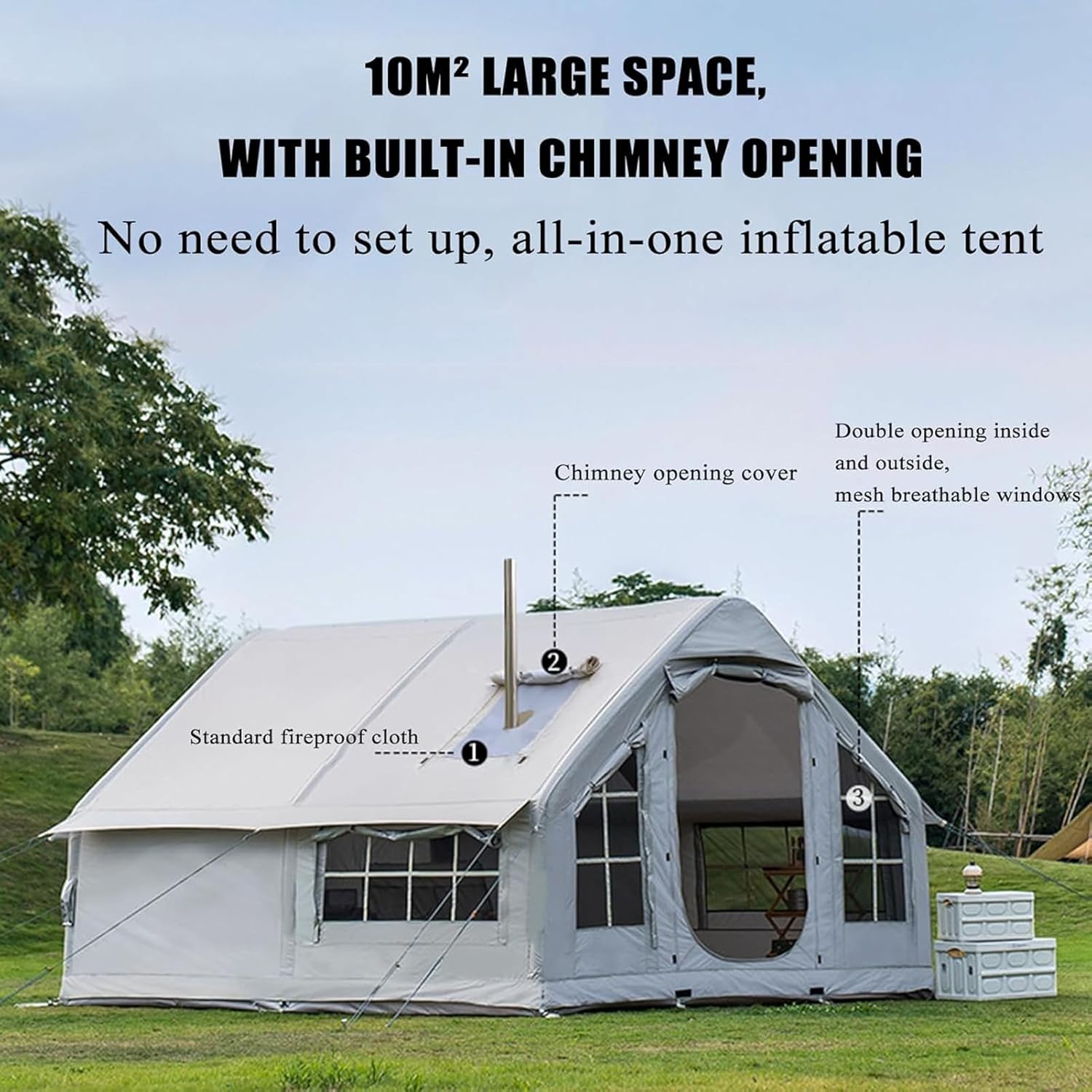Inflatable Camping Tent with Chimney Opening, Outdoor Tent Inflatable 6-8 People with Air Pump & Skylight, Large Family Tent, 4 Seasons