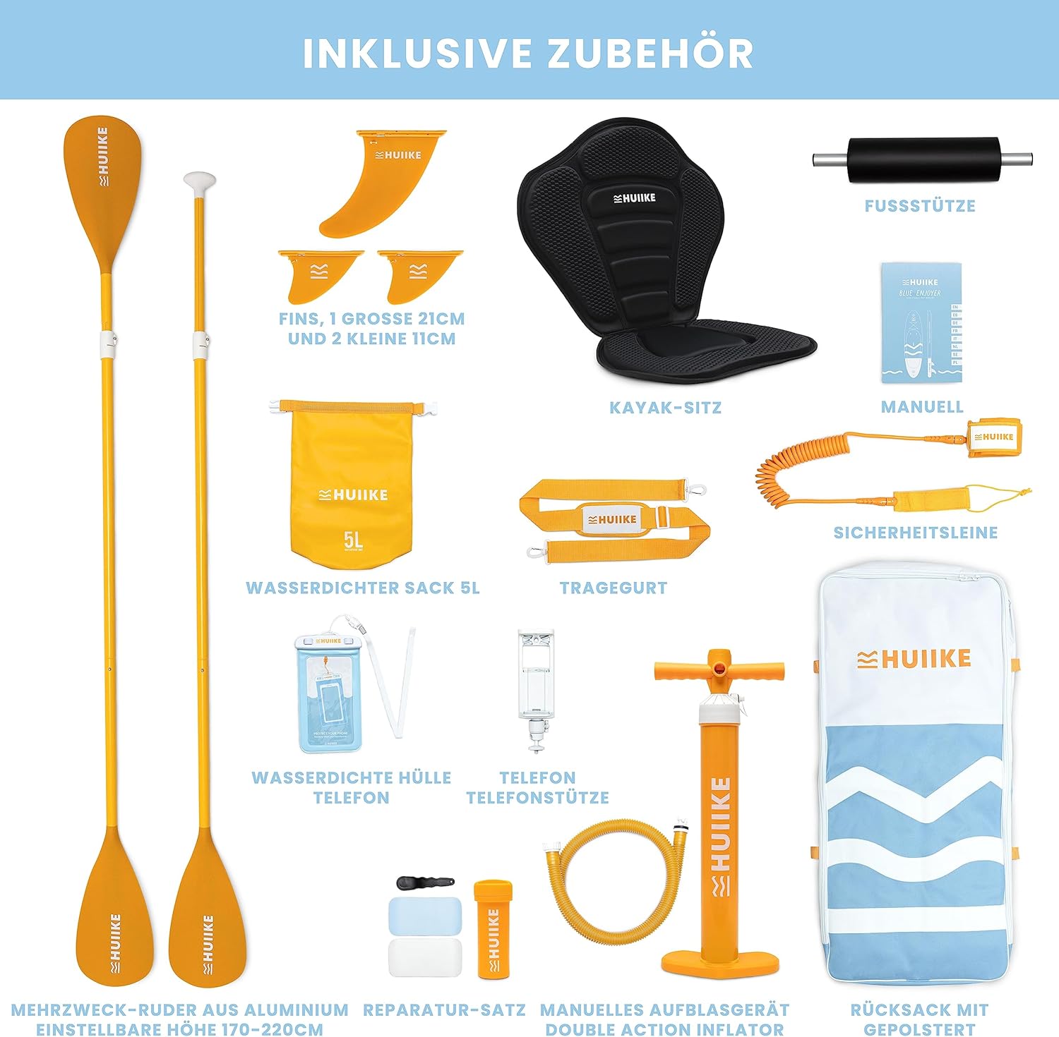HUIIKE Stand Up Paddling Board mit Zubehör, Paddel, Finnen, Pumpe. Paddle Sup Board Aufblasbar Hohe Stabilität und Widerstandsfähigkeit. 305 × 84 × 15 cm, Belastbar bis 130 kg