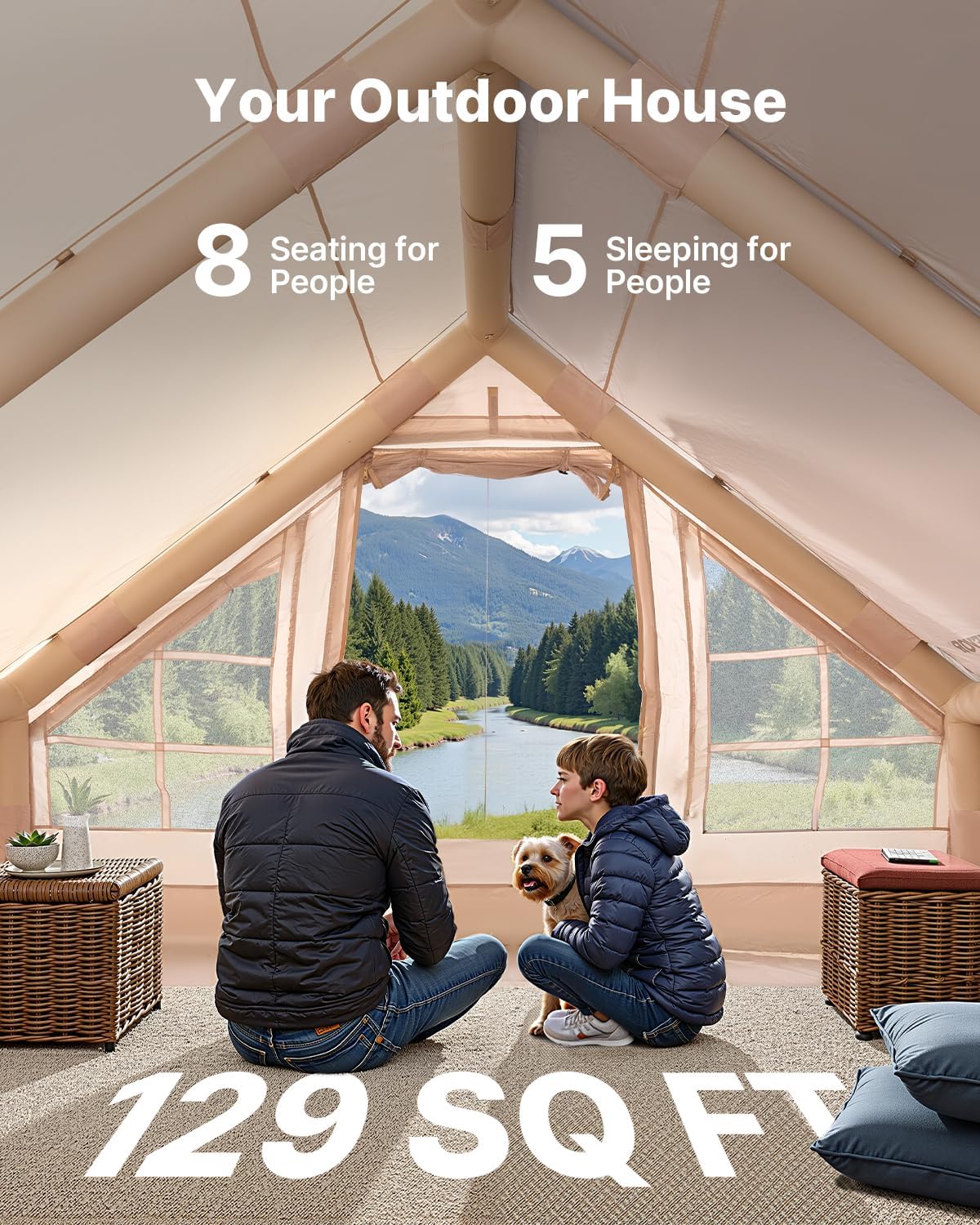 VEVOR Inflatable Tents for Camping 4x3x2m, 5-8 Person 300D Oxford Glamping Tent with Stove Connection