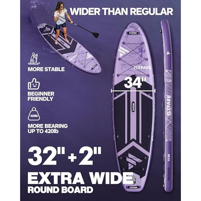 Flypark 11'x34'' Inflatable Paddle Boards, Extra Wide SUP for 420lbs/3Adults, Yoga Stand Up Paddle Board, 110L Backpack, 15 D-Rings, Shoulder Strap, US-Fin, 2-Action Pump