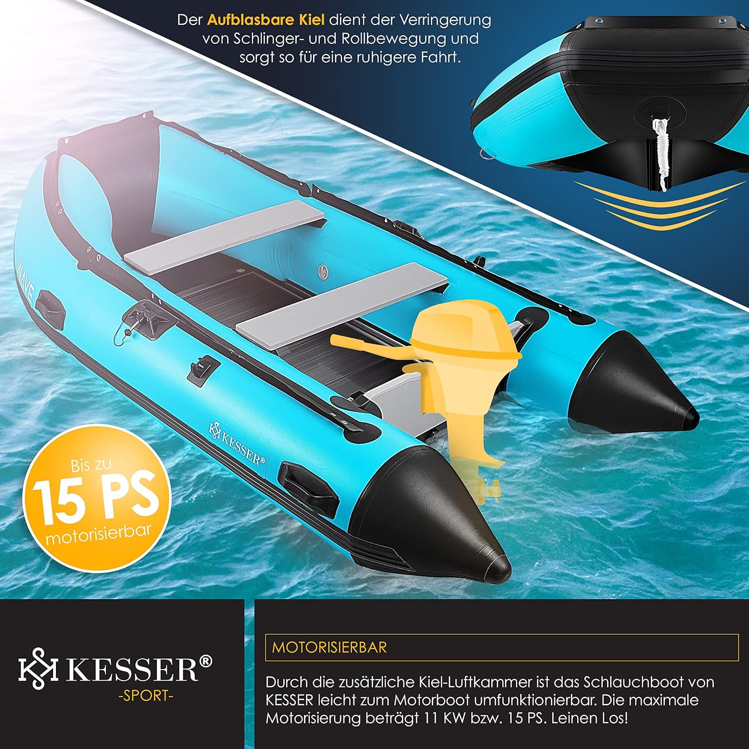 KESSER® Inflatable Boat 3.20 m for 4 People - Wave Motor Suitable Leisure Boat Paddle Boat Motor Boat Fishing Boat - with 2 Benches - Aluminium Base Paddle Pump Repair Kit & Bag Inflatable PVC